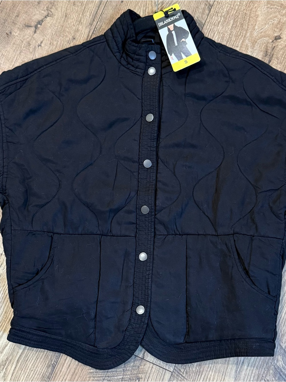 BlankNYC Black Women's Quilted Snap-Front Jacket Pockets Fall Bomber New Sz.S - Picture 4 of 8